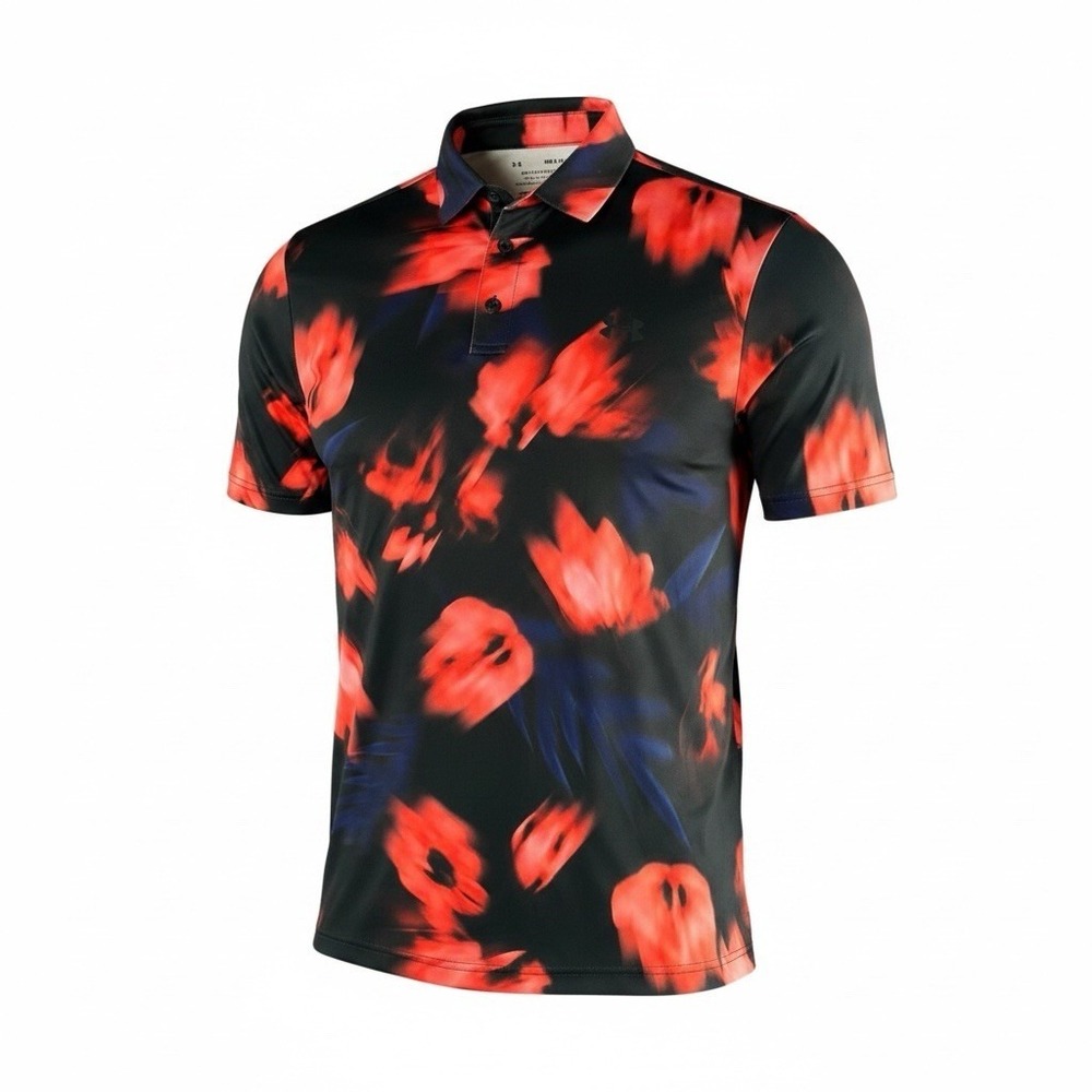 UNDER ARMOUR Playoff Polo Mens M Black Red Floral Golf Performance Shirt